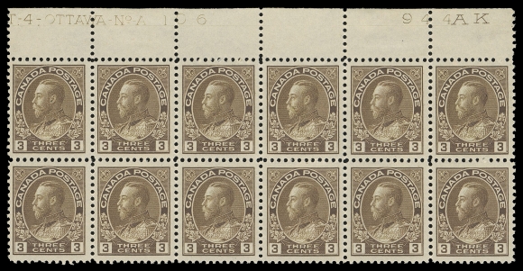 CANADA -  8 KING GEORGE V  108,A superbly centered mint Plate 106 block of twelve with printing order "944AK" at right, hinged in selvedge only, all stamps with pristine original gum and NH. A lovely plate block, XF (Unitrade cat. $1,800 as singles)