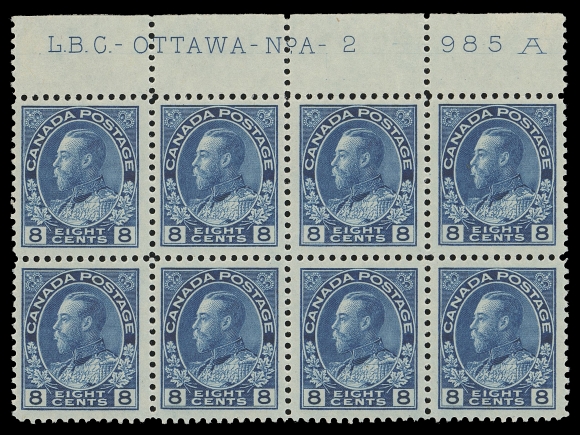 CANADA -  8 KING GEORGE V  115,A post office fresh, well centered mint Plate 2 block of eight, lightly hinged in margin only, stamps are VF NH (Unitrade cat. $1,440 as singles)