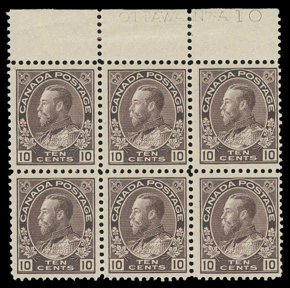 CANADA -  8 KING GEORGE V  116,A very scarce mint Plate 10 block of six, left pair very well  centered, hinged in margin only leaving stamps NH. Only two Plate 10 multiples are recorded in the Glen Lundeen plate census on  the BNAPS website - the other being a pair only, F-VF NH  (Unitrade cat. $4,320 as singles)