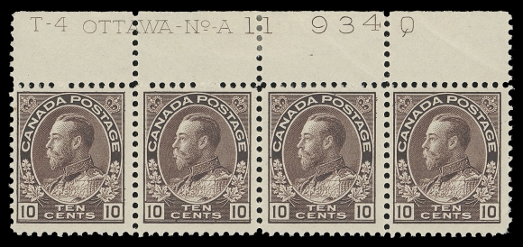 CANADA -  8 KING GEORGE V  116,A bright fresh mint Plate 11 strip of four with exceptional colour, hinged in margin only leaving all stamps NH; a scarce and attractive plate multiple of this key stamp, F-VF (Unitrade cat. $2,880)
