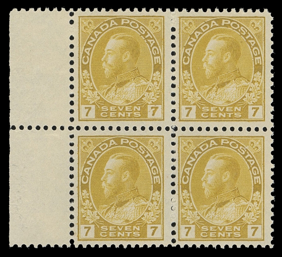 CANADA -  8 KING GEORGE V  113, 113ii,A fresh, left margin mint block, left pair shows the distinctive Retouched Vertical Frameline in upper right spandrel, upper left stamp retouched in lower right spandrel as well. Brilliant fresh colour with pristine original gum, scarce this nice, VF NH