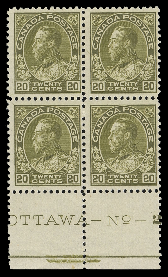 CANADA -  8 KING GEORGE V  119c,A fresh mint lower margin block with nearly full Plate 2 imprint, natural gum crease on lower left stamp, lower pair is NH. A very scarce plate block; just ten plate 2 multiples are recorded, none larger than a block of four, Fine+
