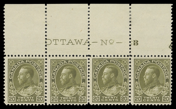 CANADA -  8 KING GEORGE V  119b, 119c,Top margin mint Plate 3 strip of four, the "3" re-entered and  quite unusual as such, third stamp with small thin and fourth  with natural gum bend, Fine OG / NH. Also a  lower margin mint  Plate 3 strip in the scarcer sage green shade with end stamps NH, Fine+, a scarce duo. (Unitrade cat. $1,320 as singles)