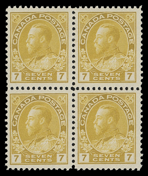 CANADA -  8 KING GEORGE V  113 + variety,A brilliant fresh, nicely centered mint block showing an elusive and quite prominent Re-entry (Plate 6, UL pane, Position 53) on lower left stamp, with strong doubling in "N" of "CANADA" and above in oval; mentioned and listed in Marler on page 374 (Re-entry No. 13) and confirmed by W.G. Burden website, VF NH (Unitrade cat. as normal singles)
