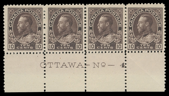 CANADA -  8 KING GEORGE V  116,Lower margin mint Plate 4 strip of four, exceptional deep rich colour, light vertical crease on right stamp; very scarce as only two other plate multiples have been recorded, F-VF H (Unitrade cat. $1,040 as singles) ex. George Marler, Maresch Sale 144, September 1982; Lot 456