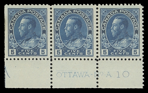 CANADA -  8 KING GEORGE V  111,Mint Plate 10 strip of three, nicely centered with rich colour, lightly hinged on left stamp leaving the plate pair NH, attractive and VF (Unitrade cat. $2,100 as singles)
