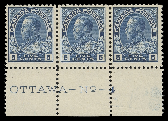 CANADA -  8 KING GEORGE V  111b,A mint Plate 4 strip of three in a visually striking shade, left pair is NH. A very scarce plate multiple, Fine+ LH (Unitrade cat. $500 as singles)