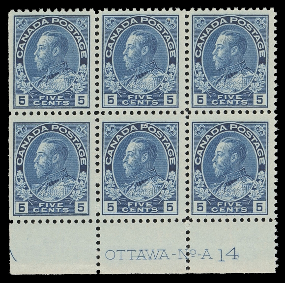 CANADA -  8 KING GEORGE V  111,Mint Plate 14 block of six in a remarkably bright shade, top corner stamps hinged, leaving four NH, Fine+ (Unitrade cat. $700 as singles)