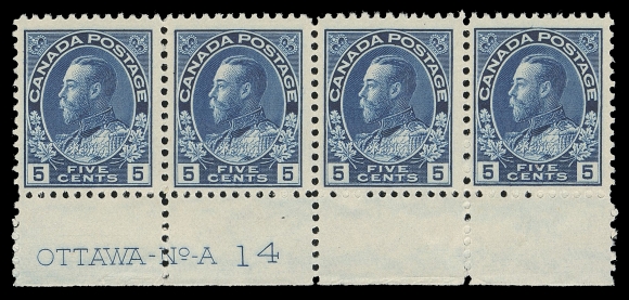 CANADA -  8 KING GEORGE V  111, 111iii,A lower margin mint Plate 14 strip of four with lovely rich colour, third stamp has the prominent Retouched Vertical Line in right spandrels (Plate 14, LL pane, Position 94 - listed and illustrated in Marler on page 363, No. 24; Figure V.26). A great item for the specialist, F-VF VLH (Unitrade cat. $765+ as singles)