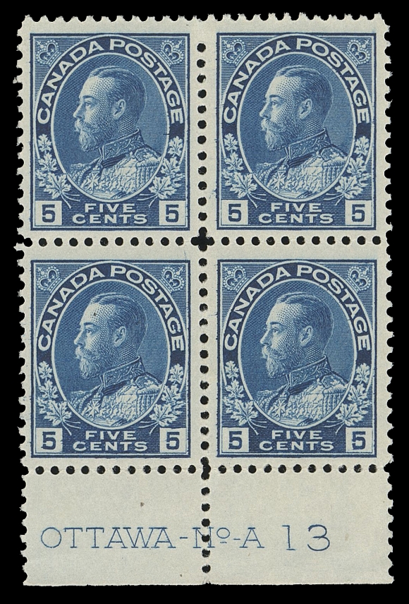 CANADA -  8 KING GEORGE V  111,A well centered mint Plate 13 block, faint natural gum skip on left pair, otherwise full original gum, VF LH (Unitrade cat. $1,200 as singles)