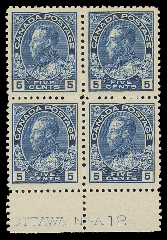 CANADA -  8 KING GEORGE V  111,Lower margin mint Plate 12 block, displaying choice centering, printed in a lovely bright shade, lower pair is NH. Only two other 5c Plate 12 multiples have been recorded, VF LH (Unitrade cat. $2,400)