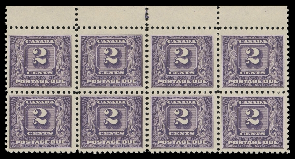 CANADA - 16 POSTAGE DUE  J6, J7i, J8,Three different plate "1" (reversed) blocks of eight; 1c dark violet shade, VF, LH in selvedge, stamps NH; 2c dull violet shade, VF, VLH in selvedge, stamps NH; 4c dark violet shade, F-VF, LH in selvedge, left pair dist. OG, others NH.