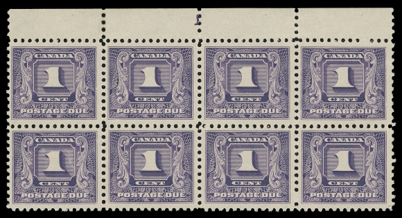 CANADA - 16 POSTAGE DUE  J6, J7i, J8,Three different plate "1" (reversed) blocks of eight; 1c dark violet shade, VF, LH in selvedge, stamps NH; 2c dull violet shade, VF, VLH in selvedge, stamps NH; 4c dark violet shade, F-VF, LH in selvedge, left pair dist. OG, others NH.