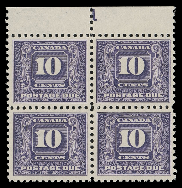 CANADA - 16 POSTAGE DUE  J10,A post office fresh mint plate "1" (reversed) block, very well centered for this difficult stamp, especially a plate block, VF NH