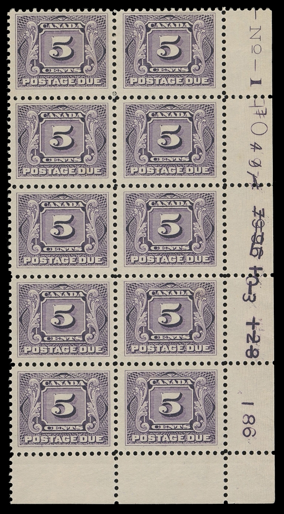 CANADA - 16 POSTAGE DUE  J4,A visually striking mint lower right plate 1 block of ten with a remarkable display of six different punched out printing order numbers, last order number "186" entered at lower right, LH at top left leaving nine stamps NH. A great exhibit piece, F-VF