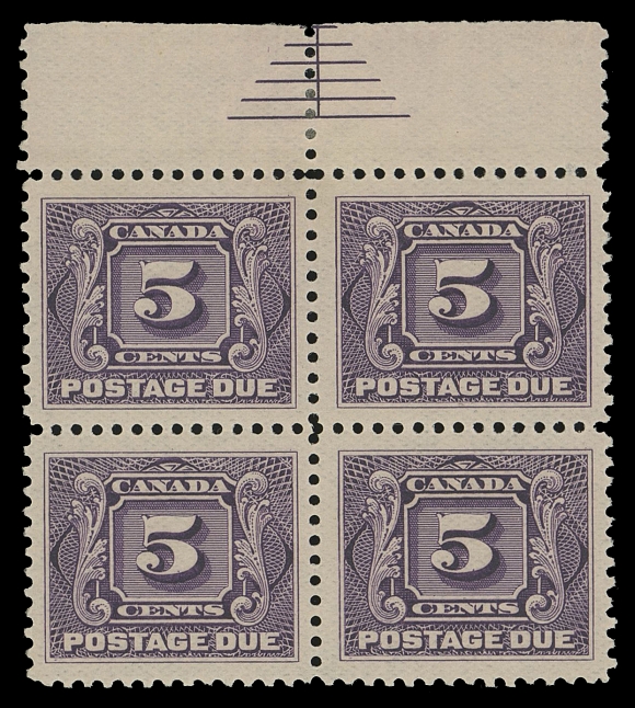CANADA - 16 POSTAGE DUE  J4iii,A well centered mint block showing a clear 6-line Pyramid Guide in top margin, hinged only in the ungummed portion of the selvedge, stamps are  NH. Seldom seen this nice, VF (Cat. as hinged)