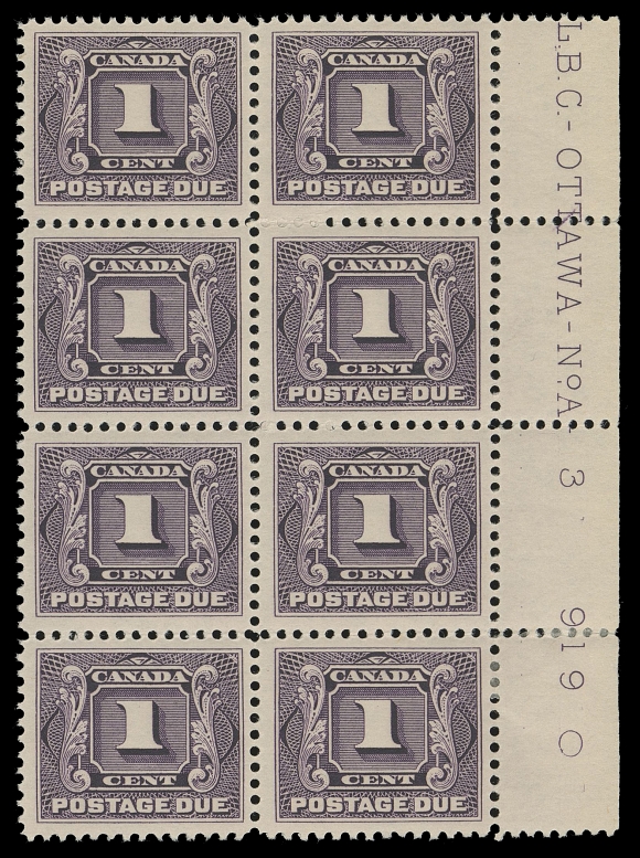 CANADA - 16 POSTAGE DUE  J1c, J2c,Mint plate blocks of eight: 1c Plate 3 well centered, hinge support in margin at foot, lower right stamp barely hinged, other seven NH; 2c Plate 5 reasonably centered, second row with light gum thinning from hinging, six stamps NH. F-VF and seldom seen plate blocks (Unitrade cat. $950 as singles)