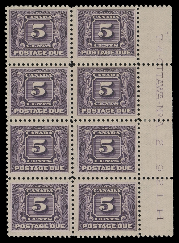CANADA - 16 POSTAGE DUE  J1a, J2a, J4a,A beautiful set of plate blocks of eight on the distinctive thin  paper: 1c Plate 2 with four stamps NH; 2c Plate 4 with nearly  complete imprint, NH; 5c Plate 2 with five stamps NH. A very  elusive trio, F-VF (Unitrade cat. $1,870 as singles)