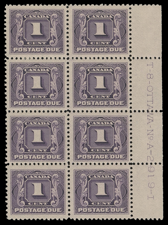 CANADA - 16 POSTAGE DUE  J1a, J2a, J4a,A beautiful set of plate blocks of eight on the distinctive thin  paper: 1c Plate 2 with four stamps NH; 2c Plate 4 with nearly  complete imprint, NH; 5c Plate 2 with five stamps NH. A very  elusive trio, F-VF (Unitrade cat. $1,870 as singles)