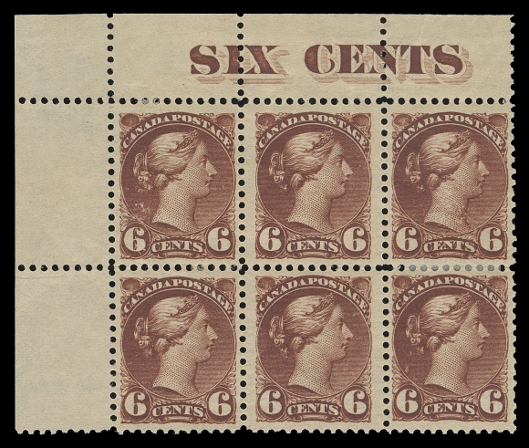 CANADA -  5 SMALL QUEEN  43i,An upper left mint block of six from Plate "B" showing full shaded "SIX CENTS" counter at top, very well centered with both stamps in second column showing jumbo margins; brownish OG unevenly applied with offset adhesion, a wonderful positional block ideal for exhibit, VF