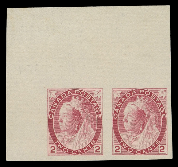 CANADA -  6 1897-1902 VICTORIAN ISSUES  77d variety,Imperforate pair from top left corner position, showing the distinctive die and very clearly horizontal mesh paper associated with the booklet pane sheets (see Unitrade 77ei footnote) where the rare tête-bêche panes and pairs originated. A great item for the specialist, VF+ (Unitrade cat. for standard Die II pair)