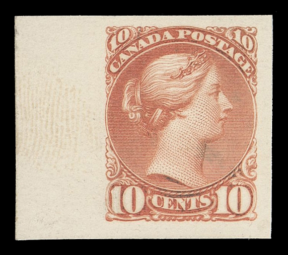CANADA -  5 SMALL QUEEN  45,A plate proof single in a distinctive colour on thick white card, sheet margin at left and very large margins on other sides, visually striking, XF; ex. Bill Simpson (Part II, May 1996; Lot 233)