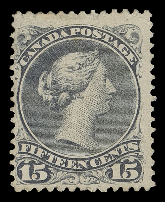CANADA -  4 LARGE QUEEN  30ciii,An exceedingly rare unused example of this short-lived paper type showing the constant "Pawnbroker" variety (Position 10). Some small  faults not readily visible in no way detract, Fine appearance; very few unused thick paper can exist with the 15 cents best known plate variety. Described in "Lindemann" exhibit collection as: "Very likely UNIQUE".Expertization: 1991 Greene Foundation certificateProvenance: The "Lindemann" Collection (private treaty, circa. 1997)