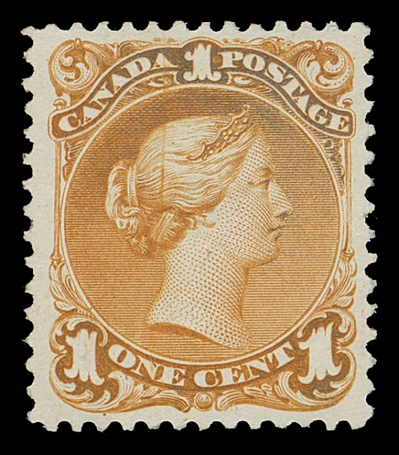 CANADA -  4 LARGE QUEEN  23a variety,A remarkable unused example on the distinctive soft, smooth, very white paper, with unusually sharp impression, completely devoid of the usual flaws so often seen on this notoriously fragile paper. A well centered stamp in the characteristic first printing colour found during the first two or three months of 1869, hint of colour oxidation at top; displaying an unusual and prominent vertical plate scratch through Queen