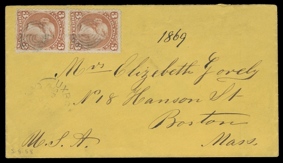 CANADA -  4 LARGE QUEEN  1869 (September 13) Yellow envelope bearing vertical pair of 3c red on medium wove paper, cancelled by light concentric rings, partially legible Uxbridge split ring CDS below, top stamp shows "Cracked Plate" variety in "TS" of "CENTS"; pays the 6 cent letter rate to Boston, no backstamp as customary for mail to US. A very scarce usage of this listed plate variety on cover, F-VF (Unitrade 25, 25v)