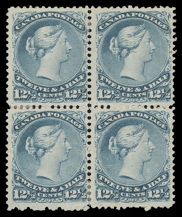 CANADA -  4 LARGE QUEEN  28iii,An immensely rare mint block of this distinctive paper type (Duckworth Paper 8), characteristic deep rich colour and impression, some split perfs supported by hinges, two creases - one vertical on right pair and other on lower left stamp ending in a tear. Despite the imperfections, a rare mint block (in any condition). Fine appearance with large part original gum. (Unitrade cat. $16,000 as fine OG singles)Expertization: 1998 Greene Foundation certificate