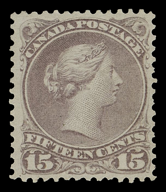 CANADA -  4 LARGE QUEEN  29e,A scarce, attractive mint example of the first printing, nicely centered with intact perforations and great colour on the distinctive semi-transparent paper with faint horizontal mesh, quite lightly hinged; a tough stamp to find, VFExpertization: 1989 Greene Foundation certificate (as 29b red lilac)Provenance: The "Lindemann" Collection (private treaty, circa. 1997)