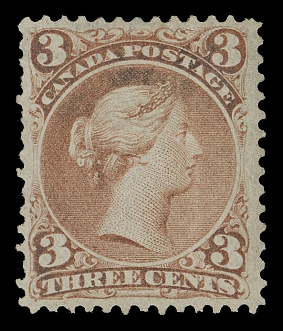 CANADA -  4 LARGE QUEEN  25a,A very rare mint example portion of "LS" watermark letters of "CLUTHA MILLS" at top, a few nibbed perfs at left as often seen on this Bothwell paper with noticeably strong vertical mesh, slight oxidation, relatively lightly hinged. One of the rarest mint stamps of the entire Large Queen series, VF OGExpertization: clear 1988 Greene Foundation certificateProvenance: Emily Lindsey, Maresch Sale 211, January 1988; Lot 373The "Lindemann" Collection (private treaty, circa. 1997)