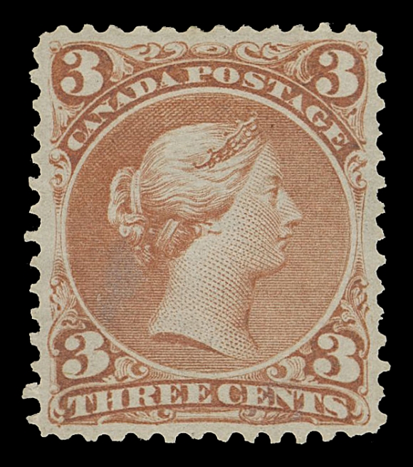 CANADA -  4 LARGE QUEEN  25b,An extremely well centered mint example with superb colour on fresh paper, original gum with area disturbed from previous hinge removal. A challenging mint stamp to locate with such superior centering and great colour, XF OG