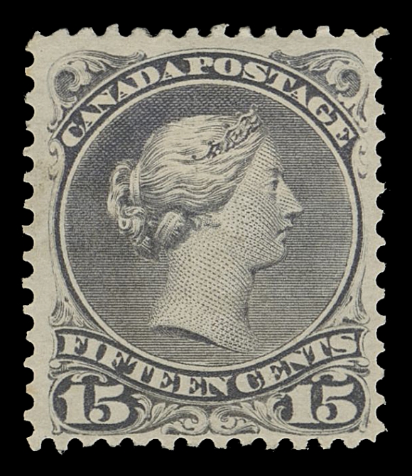 CANADA -  4 LARGE QUEEN  30c variety,A rare mint example displaying the shade associated with the thick carton paper but printed on medium wove paper with horizontal mesh (Firth Group VIIIB), OG with paper hinge remnant, exceptional fresh colour. A great stamp for the specialist, which the Firth handbook observes as "Rare in this shade", F-VFExpertization: 1990 Greene Foundation certificate, described as "Scott 30c deep violet shade on very thick paper, mint OG".