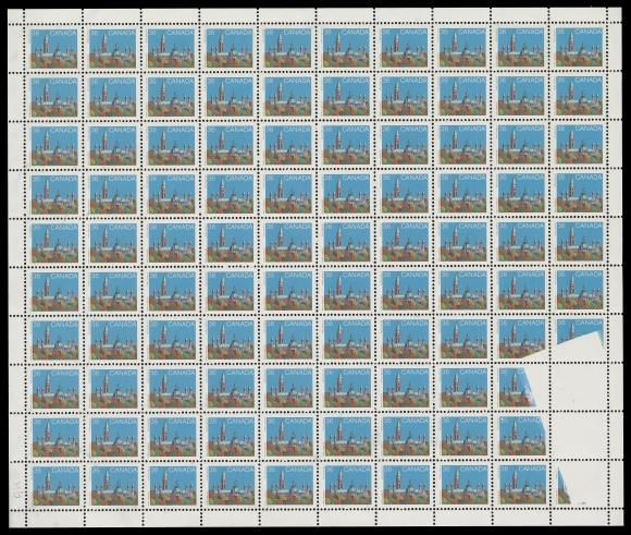 CANADA - 10 QUEEN ELIZABETH II  926Bh,An extraordinary mint sheet of 100 from field stock (blank; no imprint as issued) showing a large, dramatic void area at lower right resulting in two stamps with ALL COLOURS MISSING as well as partially missing on five others. The UNIQUE sheet (see Unitrade footnote) and certainly one of the very best errors of the entire 1985-1990 Houses of Parliament series, VF NH

A grossly under-rated item when compared to similar printing errors found on 1978 50c Street Scene (723Ac), 1982 30c Christmas (973a), 1983 32c Canadian Writers (979b), for example.