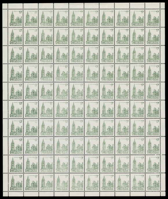 CANADA - 10 QUEEN ELIZABETH II  790 variety,Two mint sheets of 100 from field stock, one shows a progressive misperforation visible on last five rows with stamps are 21-22mm high instead of 24mm, as a result horizontal line of perforation gradually moving "up" to centre of the design as seen on last row. Also a second sheet with major dry print variety more pronounced starting from third to last column of the sheet. A very scarce and dramatic duo, VF NH