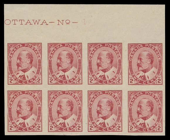 CANADA -  7 KING EDWARD VII  90c,An extremely rare mint imperforate Plate 1 block of eight of the much scarcer Type I, in the distinctive shade with rich colour, ungummed as issued, VFWe are only aware of one other Type I, Plate 1 imperforate multiple - an imprint block of four. Two others could be possible from Plate 2.