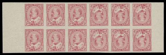 CANADA -  7 KING EDWARD VII  90d,An imperforate tête-bêche pair of booklet panes, exceptionally  fresh, bright colour on the distinctive horizontal mesh wove  paper associated with these, ungummed as issued, faint wrinkle  entirely confined to margin at left. A superb item of which only fourteen exist. A wonderful showpiece, XFProvenance: Ron Brigham, January 2016; Lot 165King Edward VII booklet panes were printed in sheets of 168  stamps laid out in two columns, each of which contained fourteen  booklet panes arranged in seven tête-bêche strips of twelve. A  plate imprint appeared above each column.