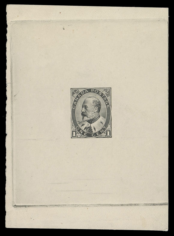 CANADA -  7 KING EDWARD VII  89,Large Die Essay with white numerals, printed in black on white wove paper (0.0055" thick) measuring 69 x 95mm with virtually complete die sinkage area; very scarce, choice and striking, VF (Minuse & Pratt 89E-Ad)