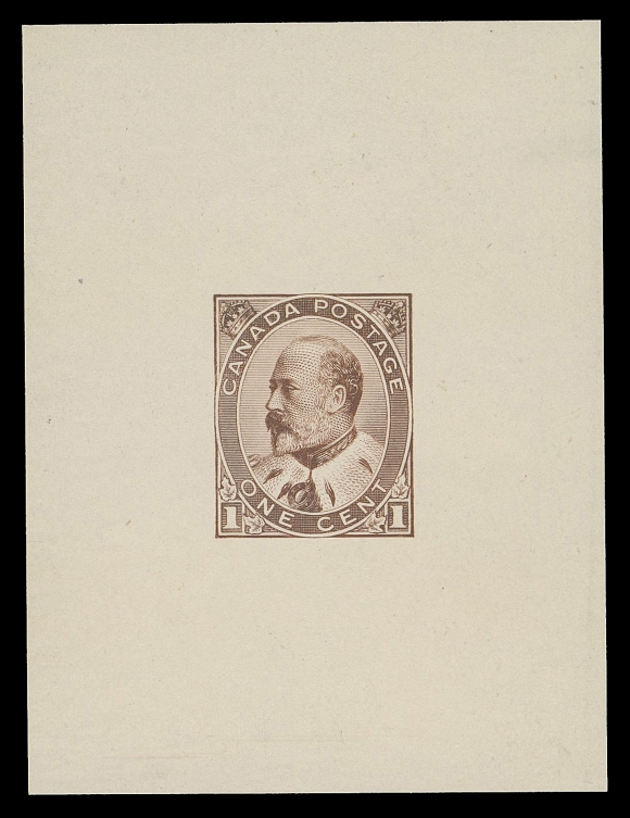 CANADA -  7 KING EDWARD VII  89,Large Die Essay with white numerals, engraved, printed in reddish brown on white wove paper (0.0055" thick) measuring 51 x 67mm; superb fresh and appealing, XF and very scarce (Minuse & Pratt 89E-Ae)
