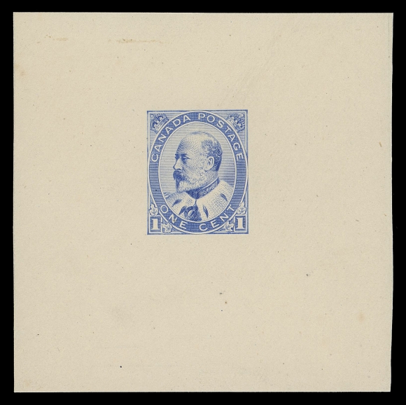 CANADA -  7 KING EDWARD VII  89,Large Die Essay with white numerals, engraved, printed in bright blue on white wove paper (0.0055" thick) measuring 65 x 65mm, a choice showpiece in a very attractive colour, VF (Minuse & Pratt 89E-Ae, unlisted in this colour)
