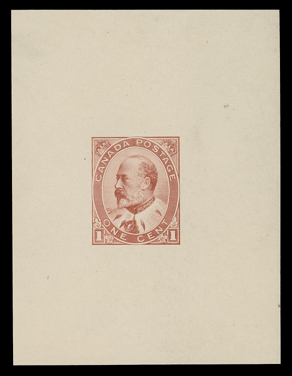 CANADA -  7 KING EDWARD VII  89,Large Die Essay with white numerals, engraved, printed in a striking bright orange red colour on white paper (0.005" thick) measuring 53 x 70mm, in choice condition and of great eye-appeal, XF (Minuse & Pratt 89E-Ae, unlisted in this colour)
