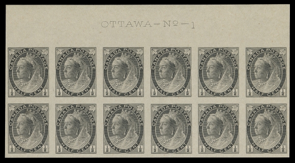 CANADA -  6 1897-1902 VICTORIAN ISSUES  74v, ii,An outstanding imperforate Plate 1 block of twelve showing the Major Re-entry (Plate 1, Right Pane, Position 18) on lower right stamp, strong doubling marks in "CANA" of "CANADA" and notably in "STAGE" of "POSTAGE", inclusion on lower left stamp, an extremely rare imperforate plate block, especially desirable showing the only major plate variety on this particular stamp, VF