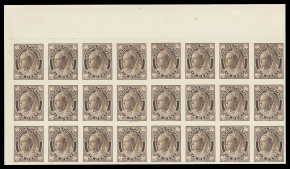 CANADA -  6 1897-1902 VICTORIAN ISSUES  71, 71i,Top left plate proof block of 24 on card mounted india paper, plate imprint trimmed off prior to sinking on card, displays the Engraver