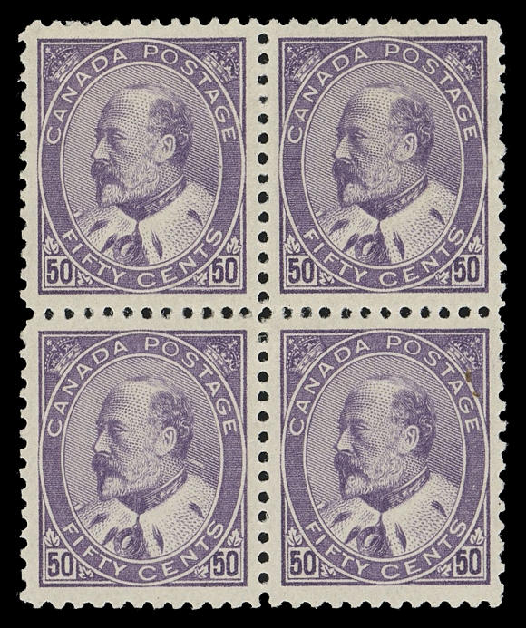 CANADA -  7 KING EDWARD VII  95i,A very well centered mint block of this key stamp, printed in an attractive deeper shade on bright white paper, lower pair with lightly glazed gum; seldom seen with such superior centering, XF OG
