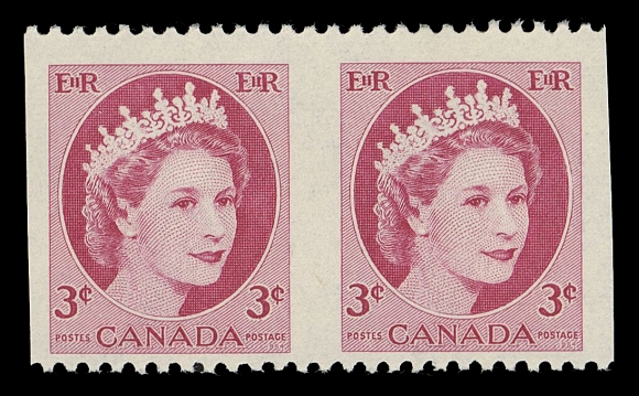CANADA - 10 QUEEN ELIZABETH II  339a,A pristine fresh mint pair IMPERFORATE VERTICALLY in error, characteristic centering from the unique sheet, faint penciled positions 35-36 by K. Bileski who sold them in the 1950s. An important modern error of the Elizabethan era, F-VF NH