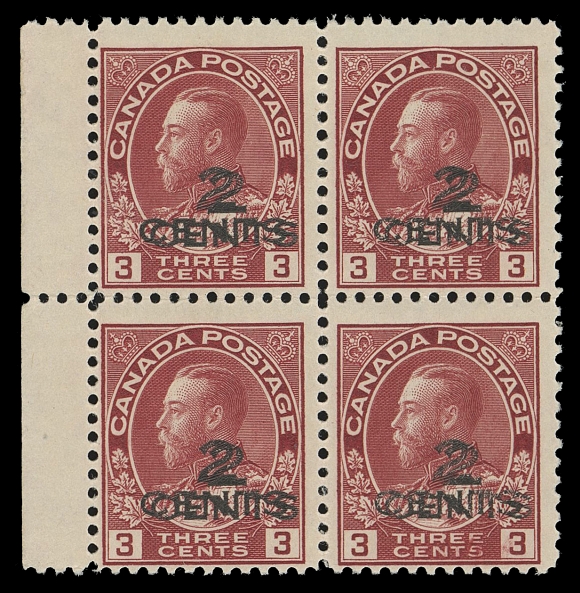 CANADA -  8 KING GEORGE V  140a,Left margin mint block showing a distinctive side-by-side Double Surcharge error, lower pair is NH, Fine LH and seldom seen in a block.