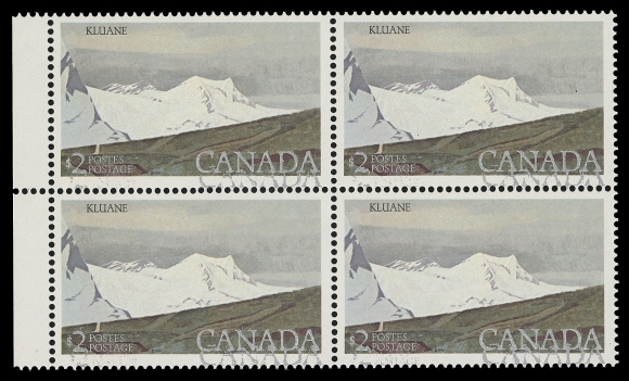 CANADA - 10 QUEEN ELIZABETH II  727ii,Left margin mint block showing a clear doubled impression of the engraved silver inscriptions, VF NH