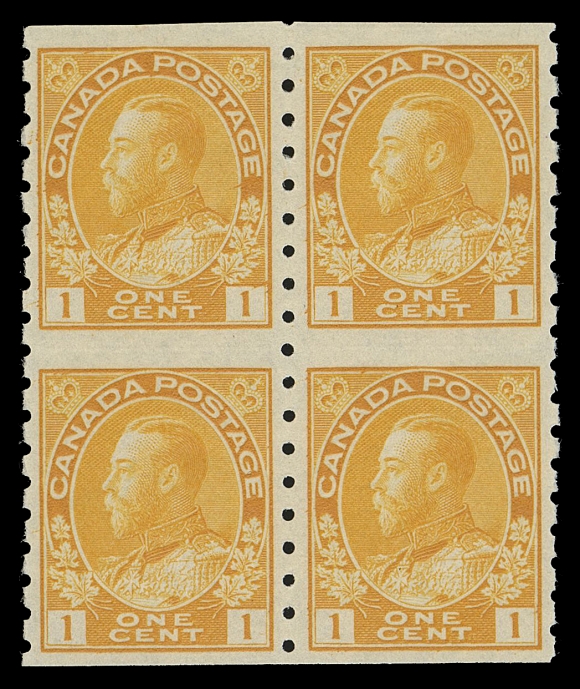CANADA -  8 KING GEORGE V  126c, 128ai, 130a,The set of three mint first printing blocks, printed in deeper  shades than the more common dry printings; well centered for  these difficult issues; the 1c and 2c with full original gum and  never hinged, 3c lightly hinged, F-VF; 3c with 1976 PF cert.  (Unitrade cat. $4,375)