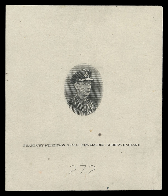 CANADA -  9 KING GEORGE VI  250,Engraved vignette in black on india paper 59 x 70mm, showing KGVI in Military Uniform, prepared by Bradbury, Wilkinson & Co. Ld.,  New Malden, Surrey, England with imprint and die number "272"  below, small stain spot. Very similar to the portrait  adopted by Canadian Bank Note Co. for the issued 2c & 4c War Effort stamps. Most appealing, VF